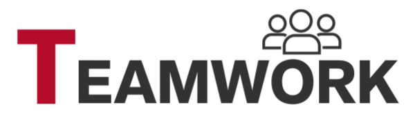 The word "TEAMWORK" with a red "T" and a line drawing of three people above the "A".