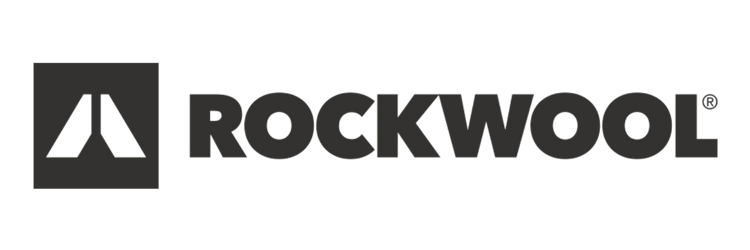Rockwool logo on black background with stylized triangle icon and registered trademark symbol.