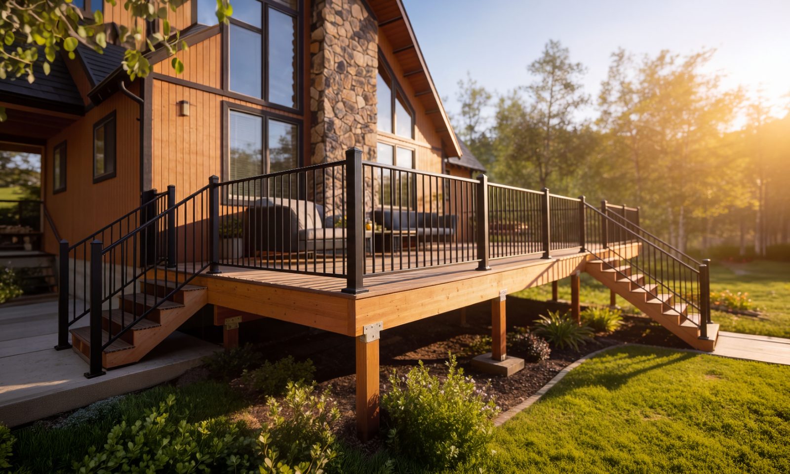 Cinch pre-assembled steel railing on a finished deck