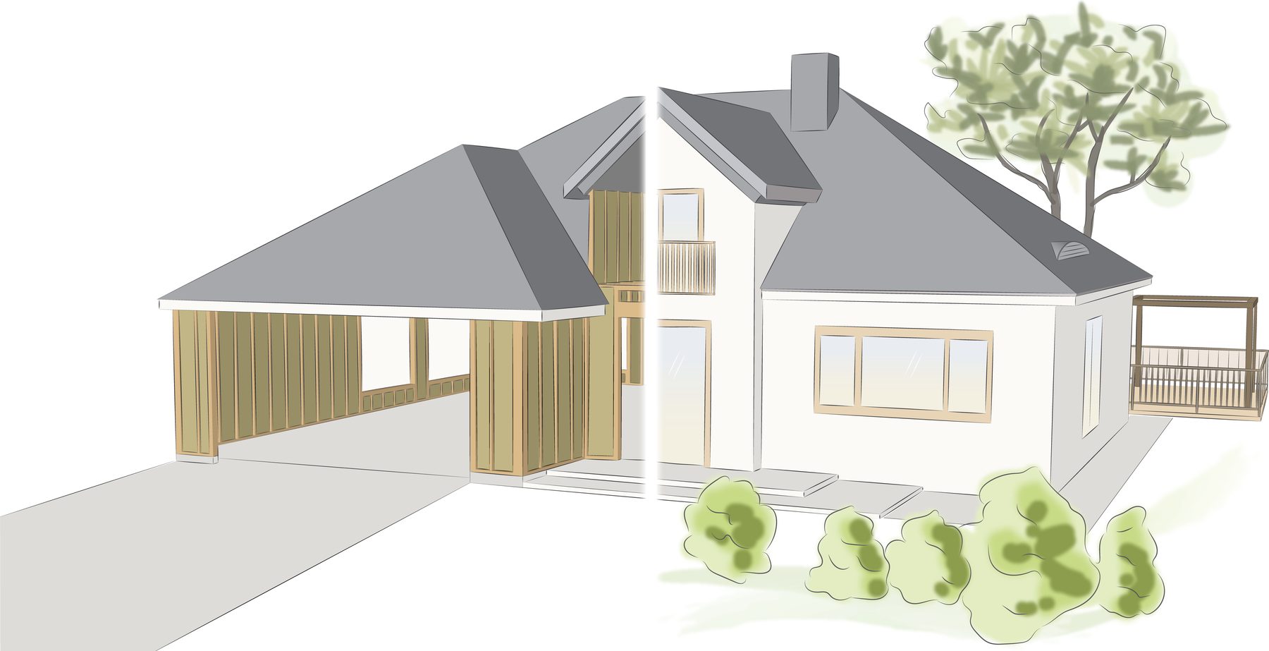 A Central Valley house drawn half framed and half finished, with a window opening on each fire-resistant system in turn