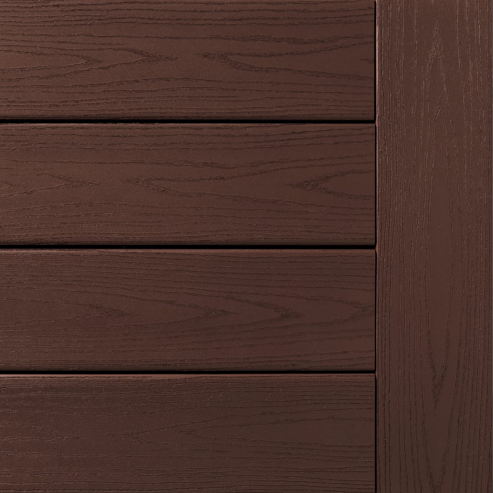 Brown TimberTech composite siding with wood grain texture.