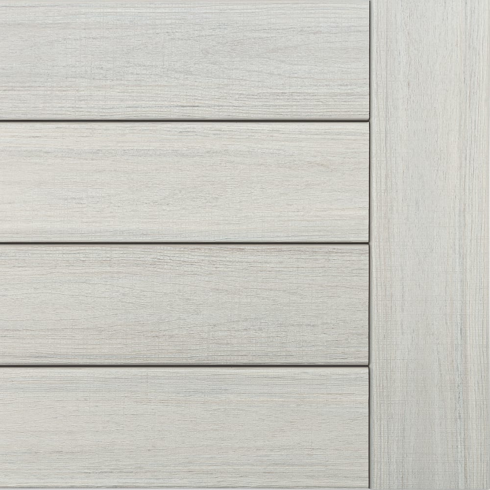 TimberTech composite siding with light gray wood grain finish and vertical trim panel.