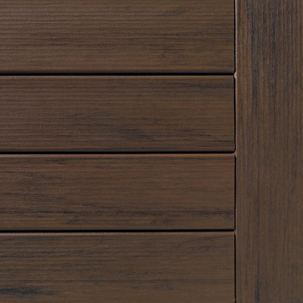 Legacy Mocha composite decking with horizontal planks and a vertical stile.