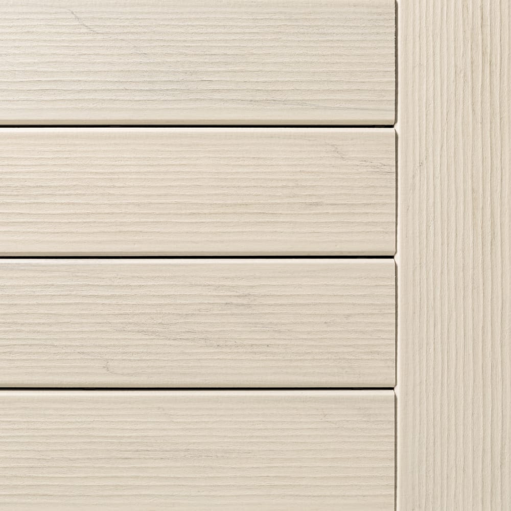 TimberTech Legacy whitewash cedar composite siding showing horizontal planks with vertical grain detail on adjacent panel.