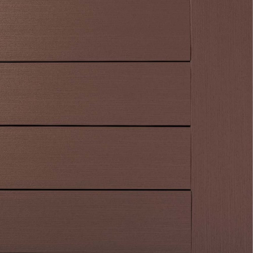 Premium dark teak composite decking with horizontal boards and vertical edge detail.