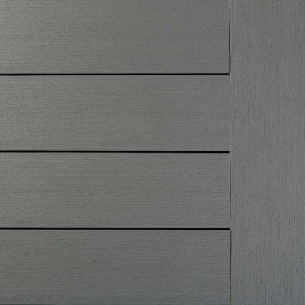 TimberTech Premier Prime Maritime Gray composite siding with horizontal planks and vertical trim.
