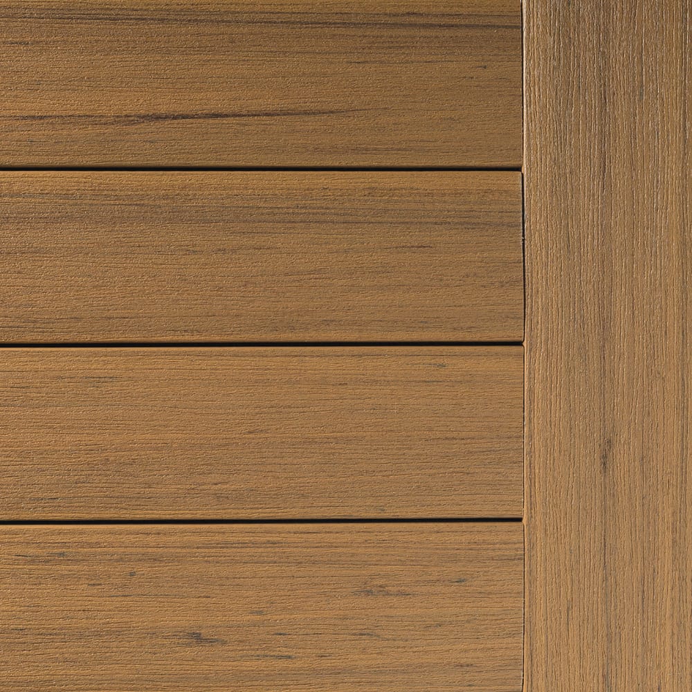 Close-up of Prime Coconut Husk Composite decking with horizontal planks and vertical grain detail.