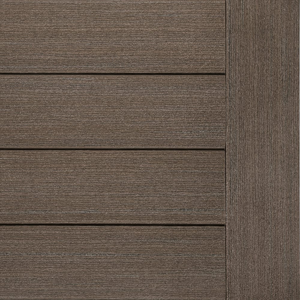 Prime Plus Dark Cocoa composite siding with horizontal planks and vertical corner post detail.