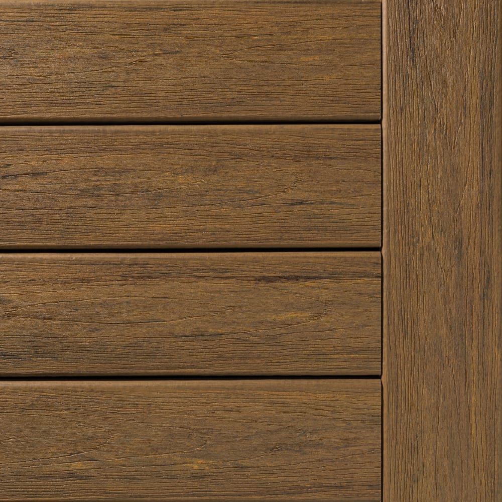 Reserve Antique Leather Composite decking in brown with a vertical trim edge.