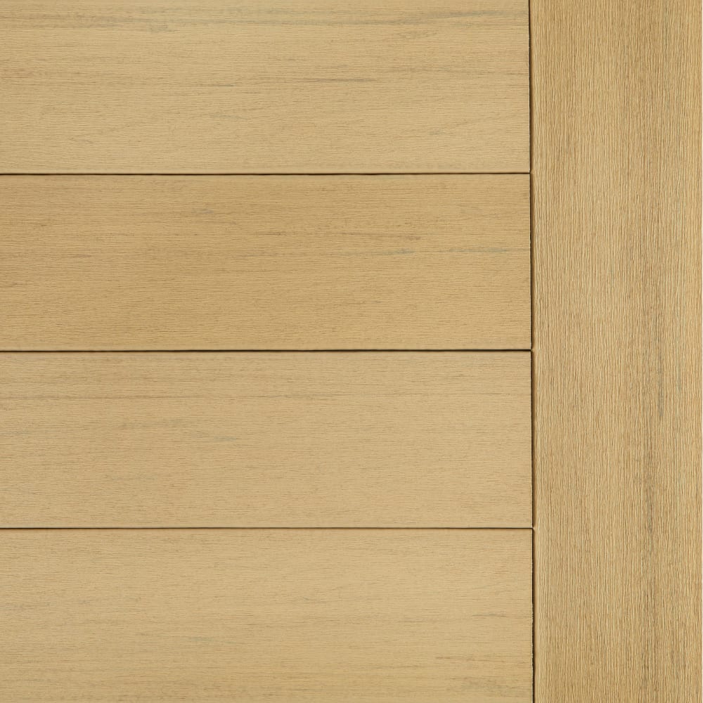 Natural white oak composite decking with horizontal planks and a vertical edge detail.