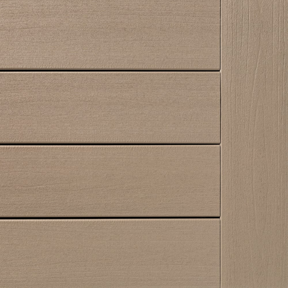 Sandy Birch composite decking with a horizontal plank design and vertical edge detail.