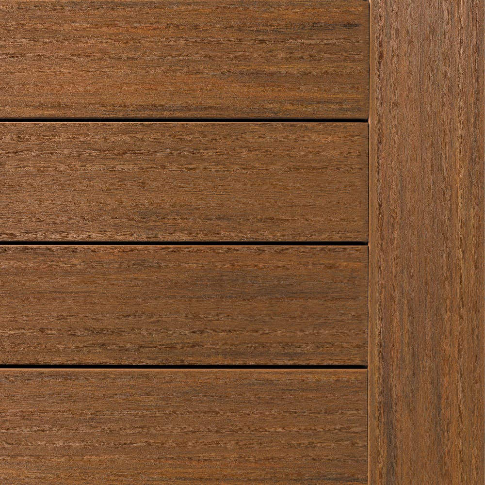 Vertical TimberTech siding with Vintage Cypress grain, showing horizontal planks and a vertical panel detail.