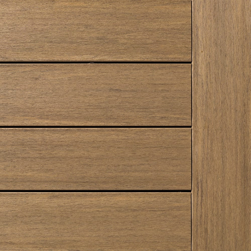 Vintage weathered teak decking with a vertical side panel, showcasing natural wood grain and horizontal planks.